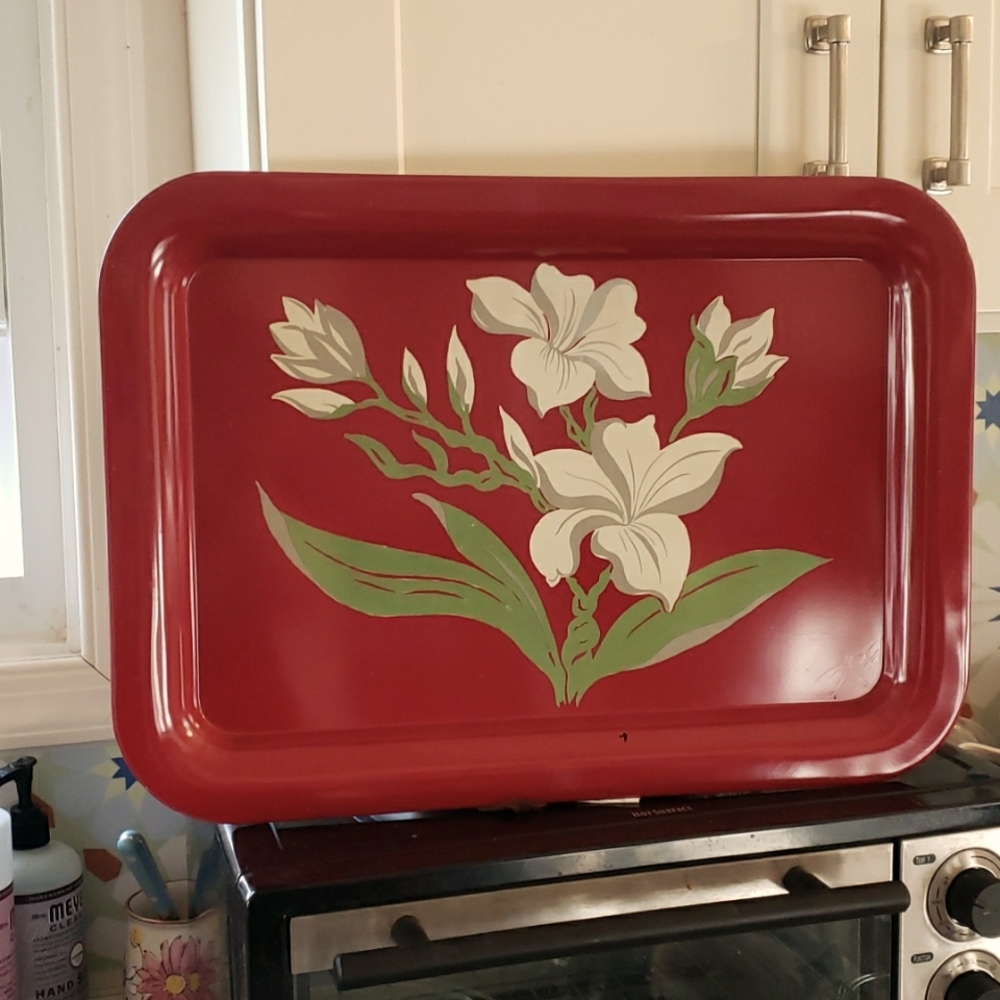 40s red vintage kitchen metal serving tray